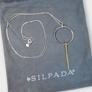 Beautiful SILPADA Stamped 19"‎ Necklace Sterling Circle and Brass Bar